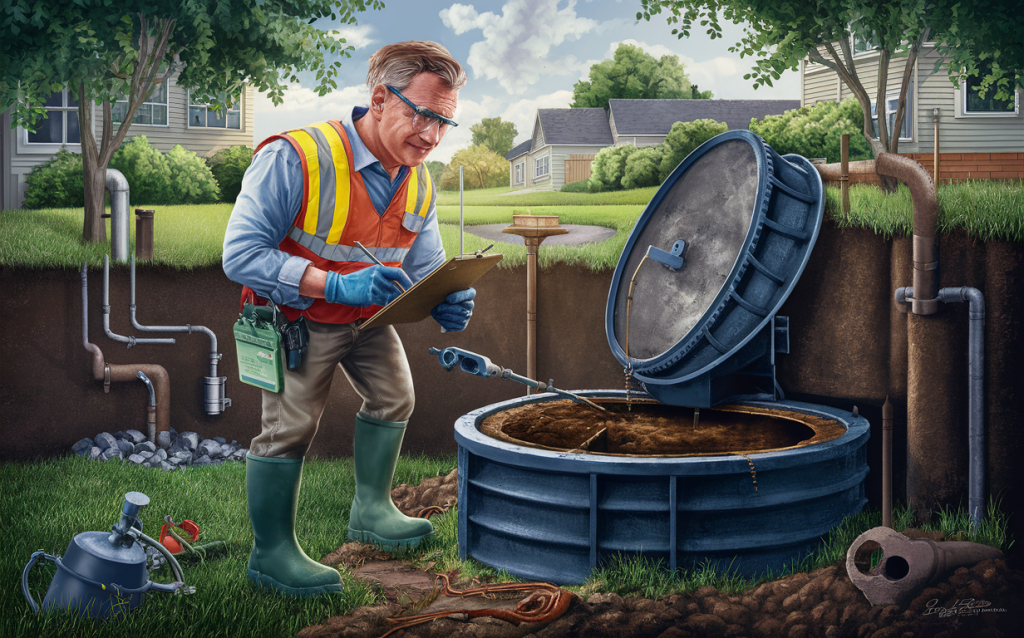 An experienced technician in safety gear inspecting an open septic tank while taking notes on a clipboard in a residential neighborhood setting