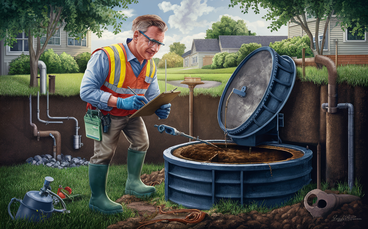 A worker wearing a safety vest and boots is inspecting a septic tank system in a residential backyard, using tools and checking the drainage pipes.