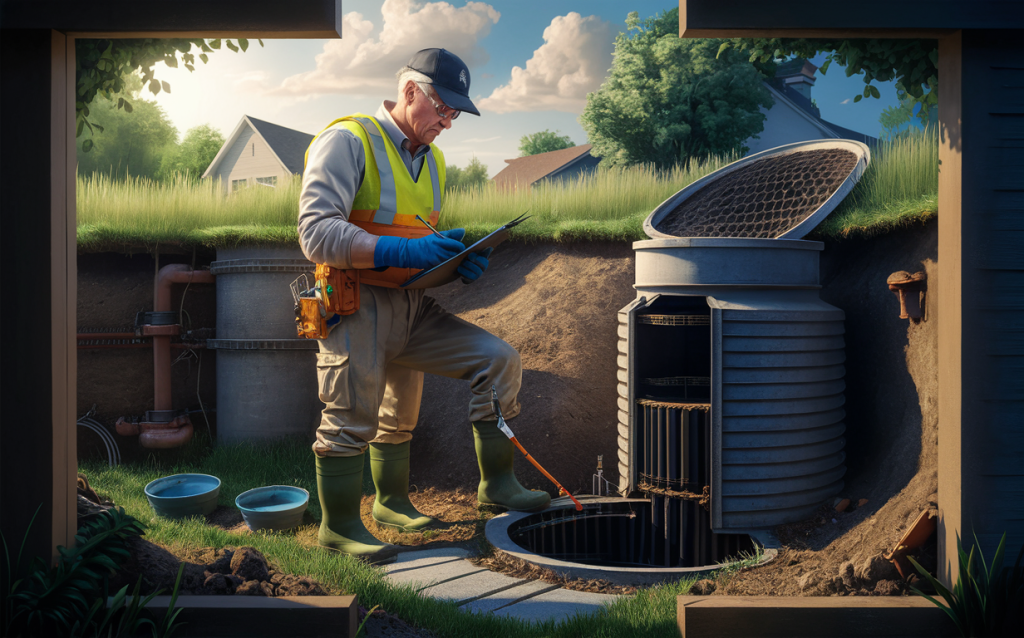 A technician wearing a safety vest and cap is inspecting and maintaining a septic tank system in a rural setting with a house and trees in the background.