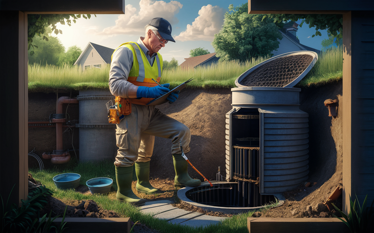 A technician wearing a blue uniform is performing an inspection on a septic tank system, using specialized tools and equipment to troubleshoot potential issues.