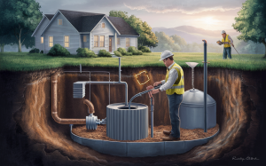 A residential scene showing workers inspecting and maintaining a septic system installation near a house with mountains in the background