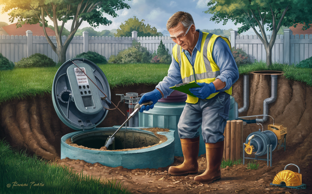 An inspector wearing a safety vest and boots is shown inspecting and troubleshooting a residential septic system, using specialized equipment to check the tank and drainage pipes in a backyard setting.