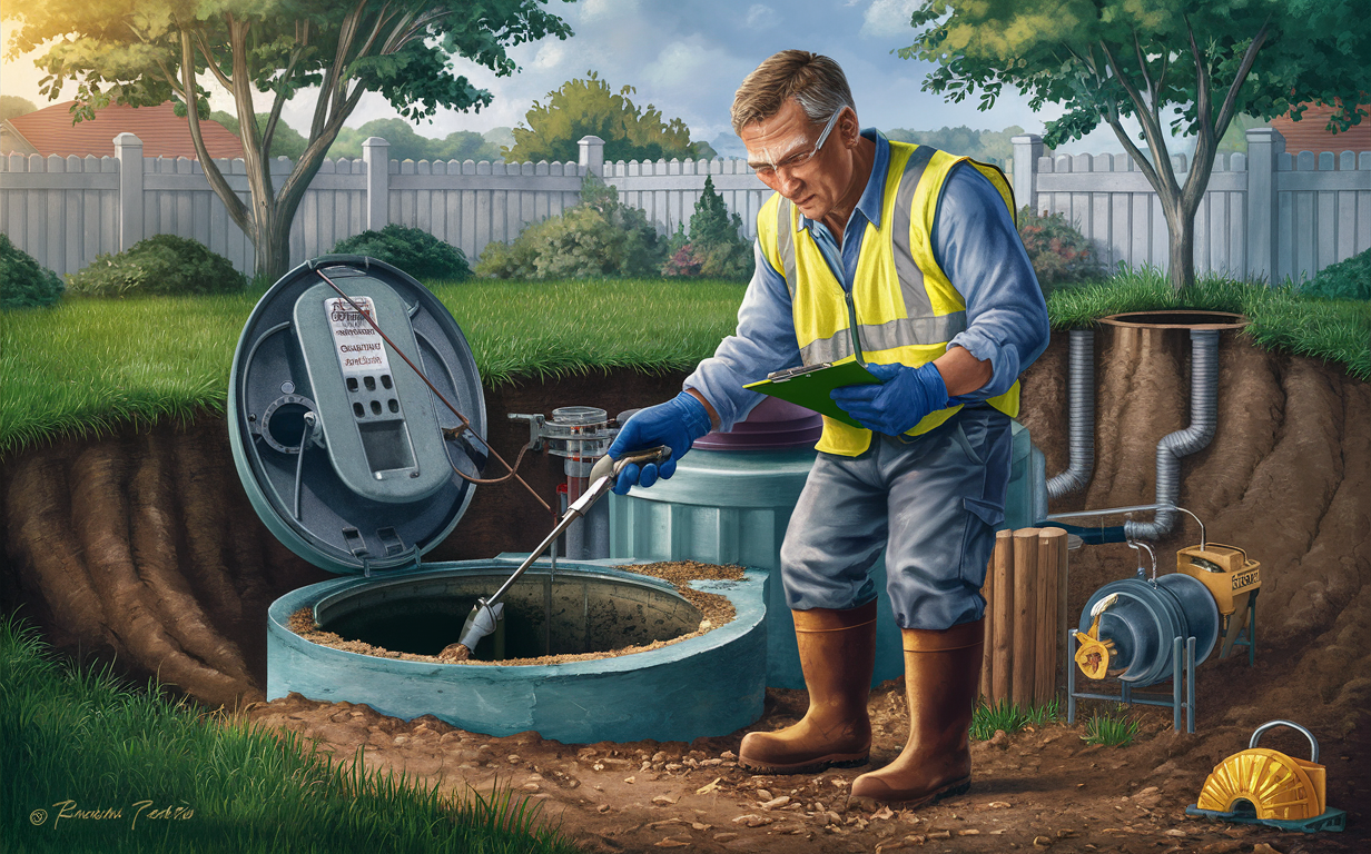 A worker in a high-visibility vest inspecting and maintaining a residential septic system, using specialized equipment to examine the septic tank and drainage field in a backyard setting.