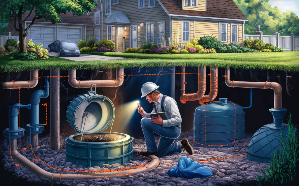 An illustration showing a professional inspecting and maintaining an underground septic system for a residential home, highlighting the importance of regular septic system inspections to ensure proper functioning and prevent environmental issues.