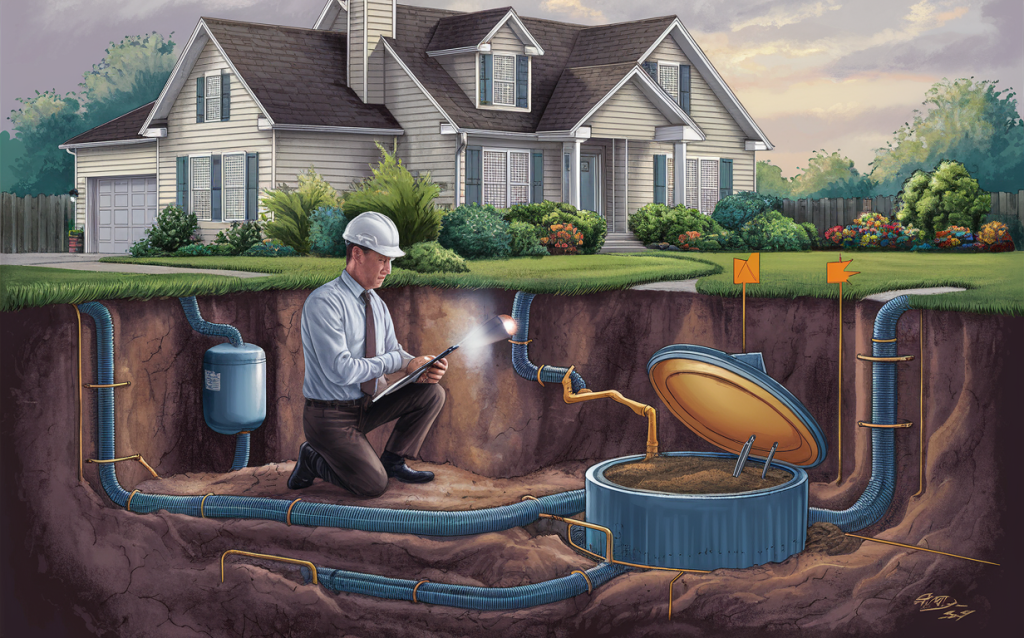 An illustration depicting a technician inspecting and maintaining the components of a residential septic system, including pipes, tanks, and drainage fields, while the house and landscaping are visible above ground.