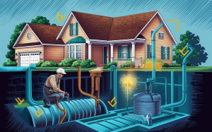 An illustration of a residential home with a septic system maintenance worker inspecting the underground tanks and pipes connected to the house.