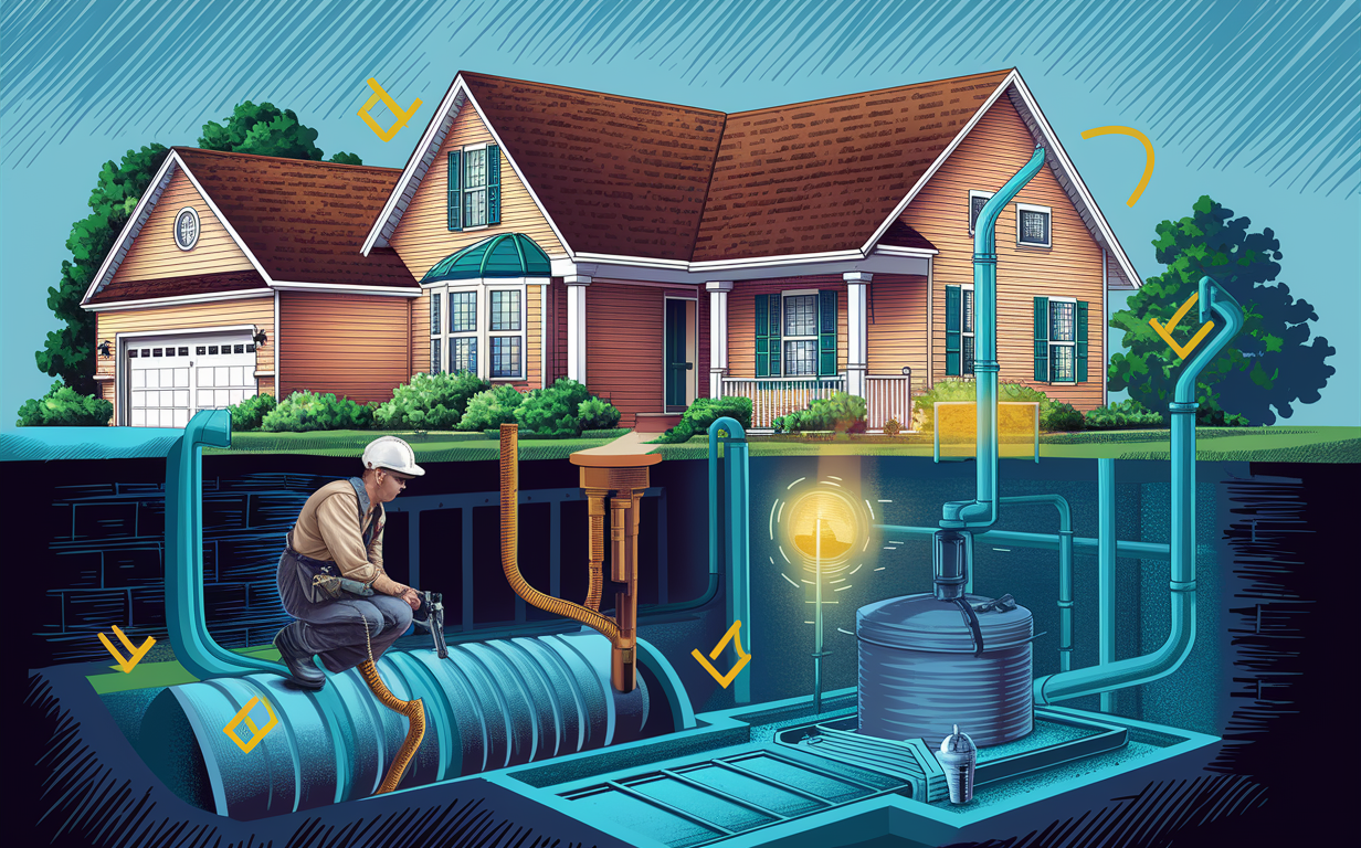 An illustration of a residential home with a septic system maintenance worker inspecting the underground tanks and pipes connected to the house. advantages of jet septic systemsdye testing and leak detection for septic system inspections