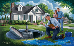An illustration depicting a home inspector examining a septic system with a couple looking on near their new home, emphasizing the importance of pre-purchase inspections to ensure the proper functioning of crucial systems like septic tanks.
